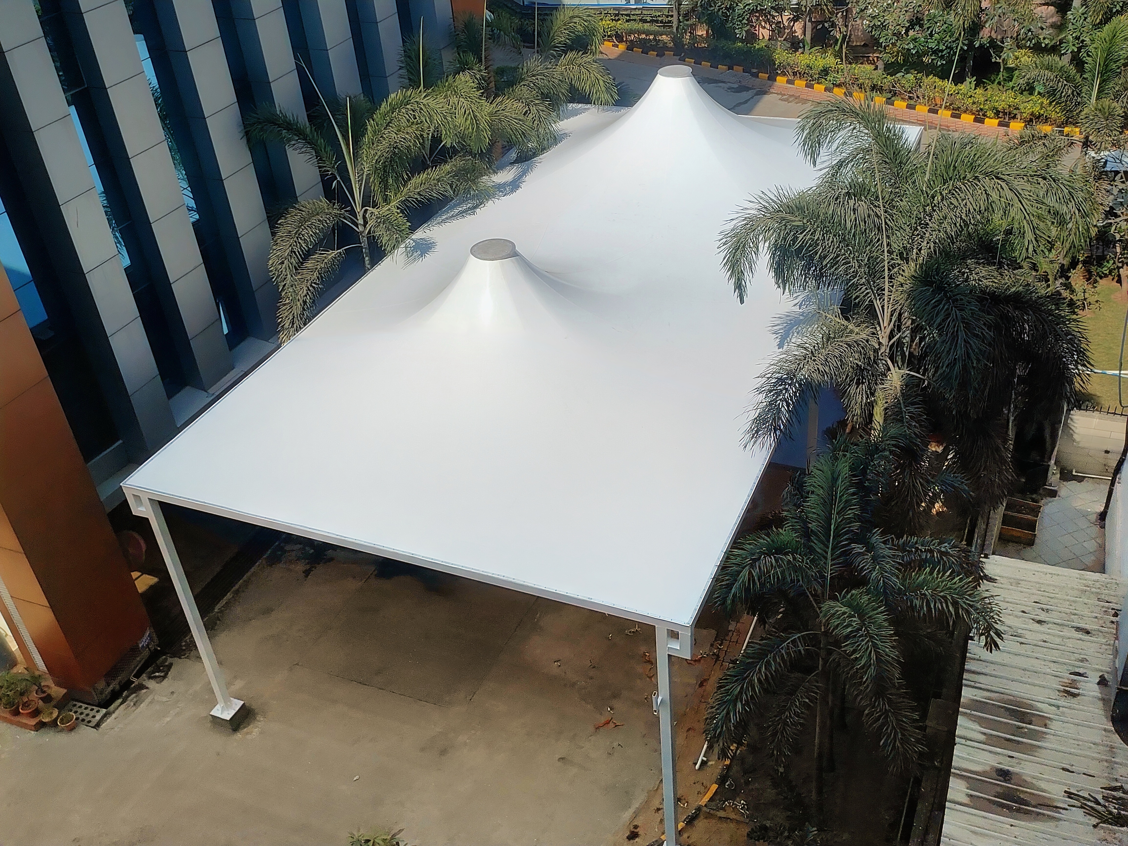 Aerial view of a double-peak tensile dome roof, alternate angle