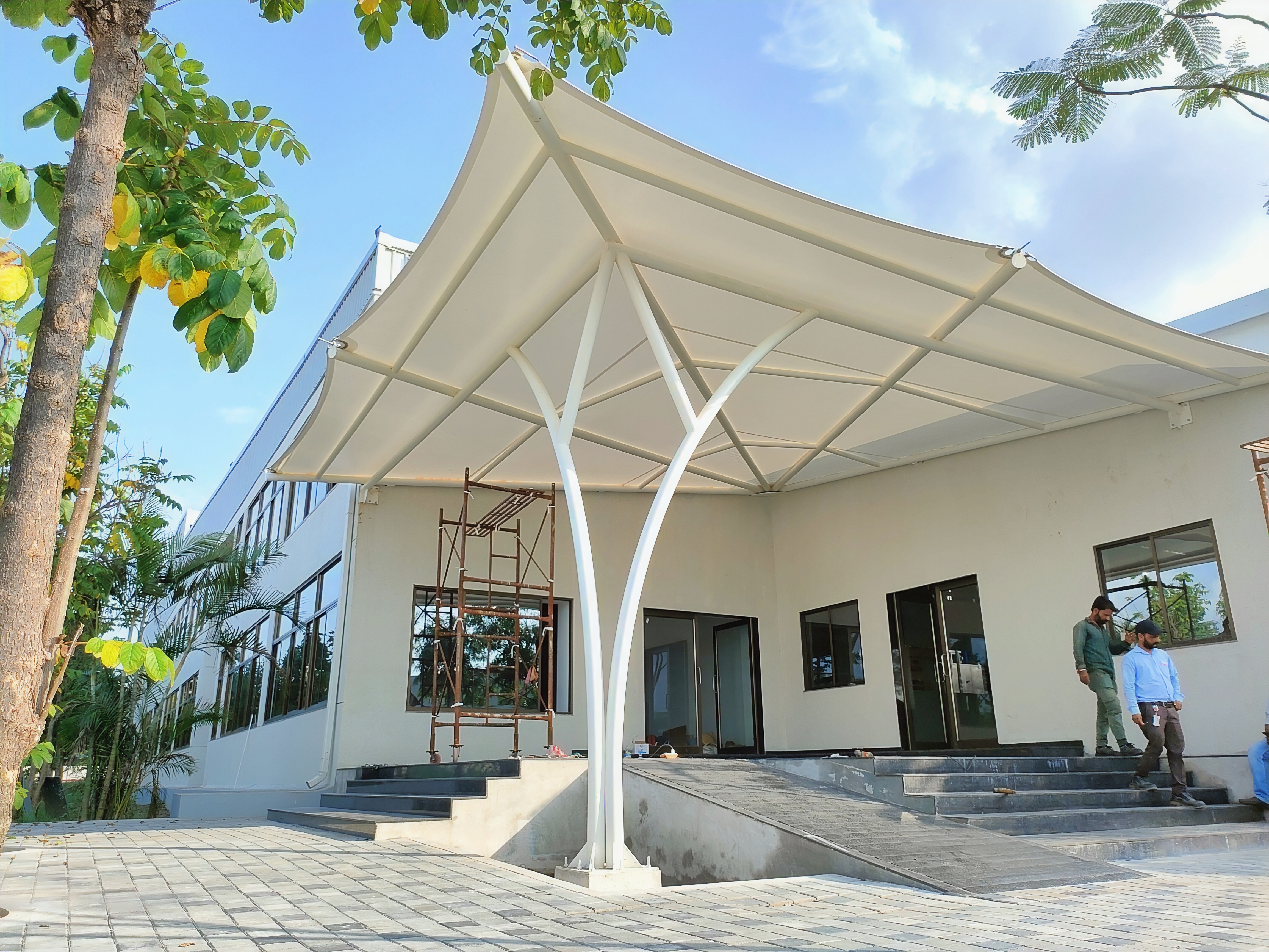 Tree-branch style tensile canopy over a building entrance